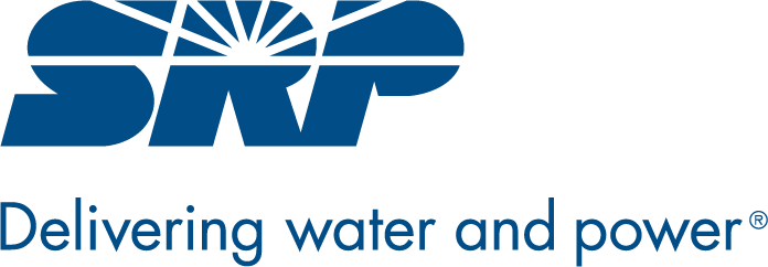Logo with 'SRP' in large Blue writing and 'Delivering water and power' written below in smaller blue writing.